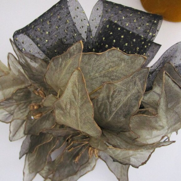 Bronze Gold Leaf Fascinator Whimsy Hat Cocktail Party Sheer Gold Dot Tulle - Picture 7 of 8